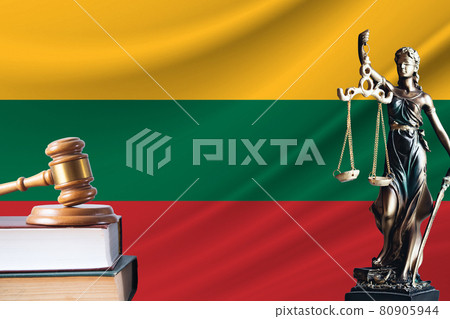 Law and justice in Lithuania. Statue of themis and the gavel of the judge against the background of the flag of Lithuania. Law and justice concept Law and justice in Lithuania. Statue of themis and the gavel of the judge against the background of the flag of Lithuania. Law and justice concept 80905944