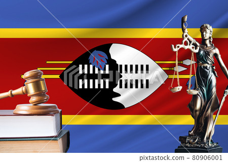 Law and justice in Esvatini Statue of themis and the gavel of the judge against the background of the flag of Esvatini Law and justice concept Law and justice in Esvatini Statue of themis and the gavel of the judge against the background of the flag of Esvatini Law and justice concept 80906001