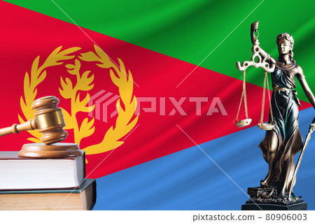 Law and justice in Eritrea Statue of themis and the gavel of the judge against the background of the flag of Eritrea Law and justice concept 80906003
