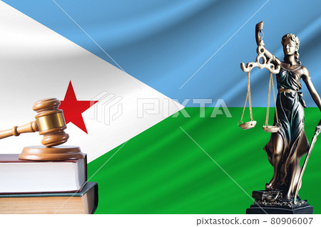 Law and justice in Djibouti. Statue of themis and the gavel of the judge against the background of the flag of Djibouti. Law and justice concept 80906007