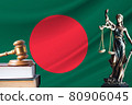 Law and justice in Bangladesh. Statue of themis and the gavel of the judge against the background of the flag of Bangladesh. Law and justice concept 80906045