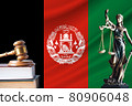 Law and justice in Afghanistan. Statue of themis and the gavel of the judge against the background of the flag of Afghanistan. Law and justice concept 80906048
