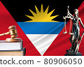 Law and justice in Antigua and Barbuda. Statue of themis and the gavel of the judge against the background of the flag of Antigua and Barbuda. Law and justice concept 80906050