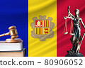 Law and justice in Andorra. Statue of themis and the gavel of the judge against the background of the flag of Andorra. Law and justice concept 80906052