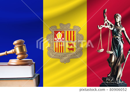 Law and justice in Andorra. Statue of themis and the gavel of the judge against the background of the flag of Andorra. Law and justice concept Law and justice in Andorra. Statue of themis and the gavel of the judge against the background of the flag of Andorra. Law and justice concept 80906052