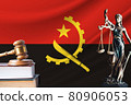 Law and justice in Angola. Statue of themis and the gavel of the judge against the background of the flag of Angola. Law and justice concept 80906053