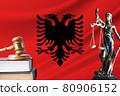 Law and justice in Albania. Statue of themis and the gavel of the judge against the background of the flag of Albania. Law and justice concept 80906152