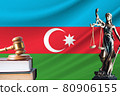 Law and justice in Azerbaijan. Statue of themis and the gavel of the judge against the background of the flag of Azerbaijan. Law and justice concept 80906155