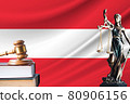 Law and justice in Austria. Statue of themis and the gavel of the judge against the background of the flag of Austria. Law and justice concept 80906156