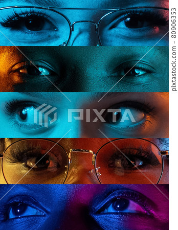 Collage of cropped male and female eyes placed on narrow stripes in neon lights. Collage of cropped male and female eyes placed on narrow stripes in neon lights. 80906353