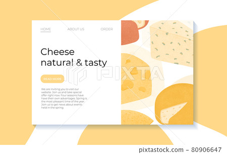 Swiss or French cheese vector flat landing page concept. Gouda, Parmesan, Brie, Roquefort or Maasdam cheese. Swiss or French cheese vector flat landing page concept. Gouda, Parmesan, Brie, Roquefort or Maasdam cheese. 80906647