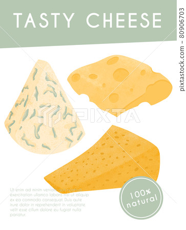Swiss or French cheese vector flat poster concept. Gouda, Parmesan, Brie, Roquefort or Maasdam. Swiss or French cheese vector flat poster concept. Gouda, Parmesan, Brie, Roquefort or Maasdam. 80906703