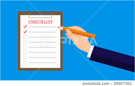 Illustration of a businessman with a checklist and pencil, blue background, vector Illustration of a businessman with a checklist and pencil, blue background, vector 80907361