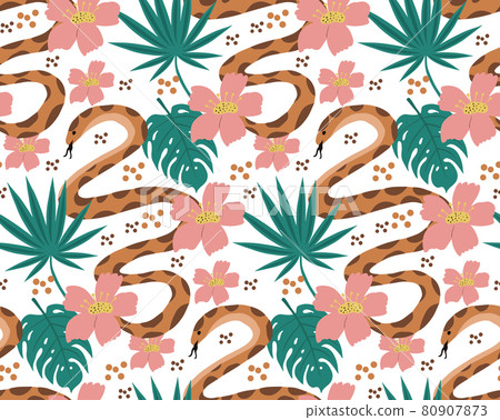 Beautiful seamless pattern with python and tropical leaves. flowers print with hand drawn exotic plants and snake. Vector illustration 80907873