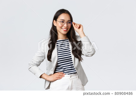 Business, finance and employment, female successful entrepreneurs concept. Confident businesswoman in glasses and white suit ready for meeting, smiling pleased, standing determined 80908486