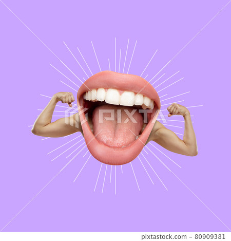 Contemporary art collage in surreal style. Female mouth with muscular hands over purple background. 80909381