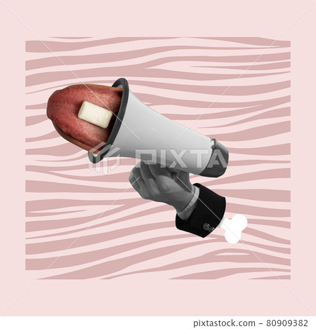 Contemporary art collage with megaphone and human tongue in surreal style. 80909382