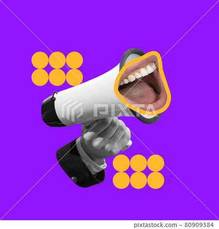 Contemporary art collage with megaphone and female mouth in surreal style. 80909384