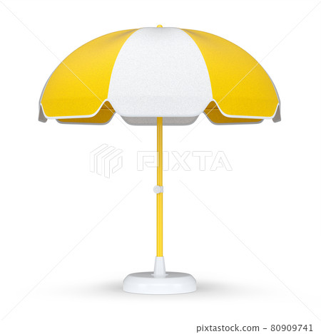 Yellow striped beach umbrella for lounge zone on seashore isolated on white. Yellow striped beach umbrella for lounge zone on seashore isolated on white. 80909741