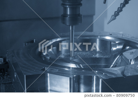 The CNC milling machine cutting the alloy wheel casting mold parts with ball end mill tools. The CNC milling machine cutting the alloy wheel casting mold parts with ball end mill tools. 80909750