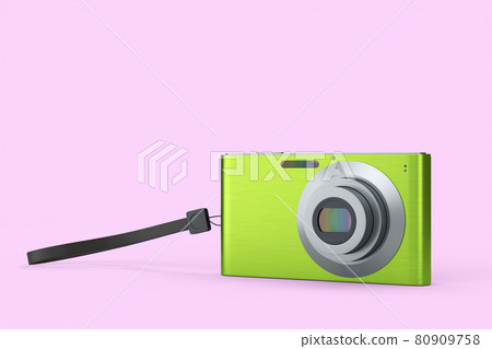 Stylish greeb compact pocket digital camera isolated on pink background Stylish greeb compact pocket digital camera isolated on pink background 80909758