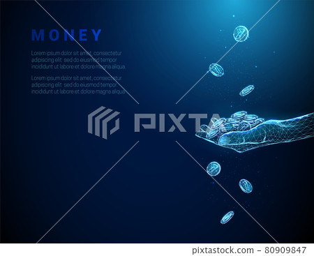 Abstract blue giving hand full of coins and falling down coins. 80909847