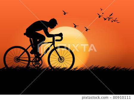 graphics image man riding a bicycle at evening with a sunset background and orange silhouette of sunset with dark grass on the ground vector illustration 80910111