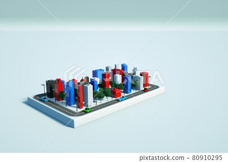 Graphic illustration of modern skyscrapers on a white isolated background. Models of tall new houses on a white background. Colorful skyscrapers. 3D graphics, top view. 80910295