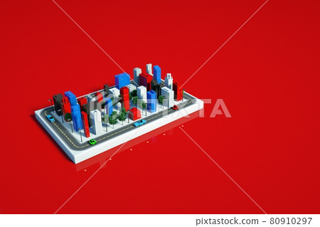 3D representation of the city model. 3D graphics of city skyscrapers on the panel. Isolated model of towers on a red background. 80910297