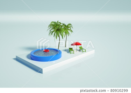 Graphic illustration of a swimming pool with water, palm trees, sun loungers and an umbrella on a white isolated background. Place to relax. Inflatable swimming pool. 3D graphics, top view. 80910299