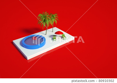 3D model of a swimming pool with a palm tree, sun loungers and an umbrella on a white stage. View of the blue pool, palm trees, sun loungers and a red umbrella on a red isolated background. 3D 3D model of a swimming pool with a palm tree, sun loungers and an umbrella on a white stage. View of the blue pool, palm trees, sun loungers and a red umbrella on a red isolated background. 3D 80910302