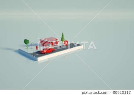 3D model of a red gas station. Object of a red gas station for cars on a white isolated background, standing on the platform. Top view, side view. 80910317
