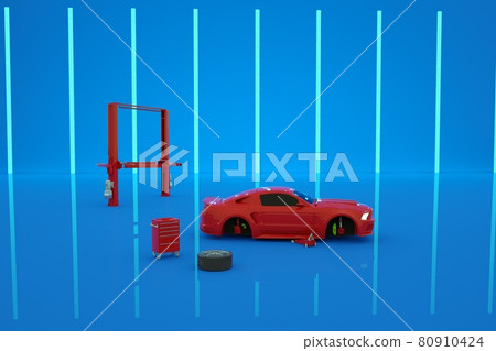 3d model of a red car on a blue isolated background in a garage under repair. Realistic red isometric car on a blue background. Parts for repairing the car are laid out everywhere. Tire replacement. 3d model of a red car on a blue isolated background in a garage under repair. Realistic red isometric car on a blue background. Parts for repairing the car are laid out everywhere. Tire replacement. 80910424