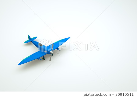 3D model of a blue airplane with a propeller in the front. Blue rotorcraft object on a white isolated background. 3D graphics, close-up. 80910511