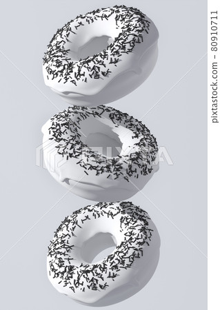 Set of flying monochrome donuts with black sprinkles on white background Set of flying monochrome donuts with black sprinkles on white background 80910711