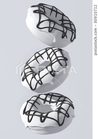 Set of flying monochrome donuts with black sprinkles on white background Set of flying monochrome donuts with black sprinkles on white background 80910712
