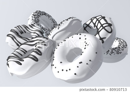 Set of flying monochrome donuts with black sprinkles on white background 80910713