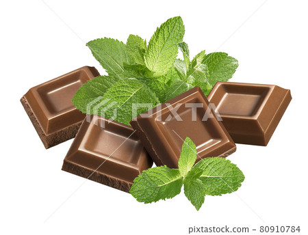 Green mint leaves and chocolate square pieces isolated on white background 80910784