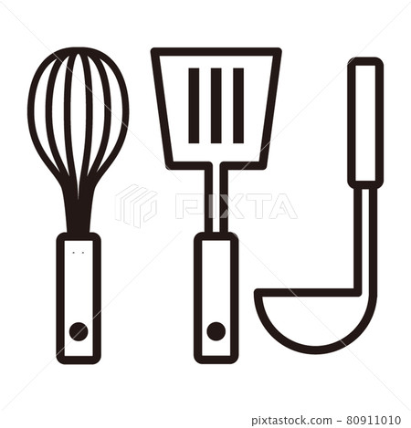 Simple line drawing icon / white background for whisk and spatula and ladle kitchen tools 80911010