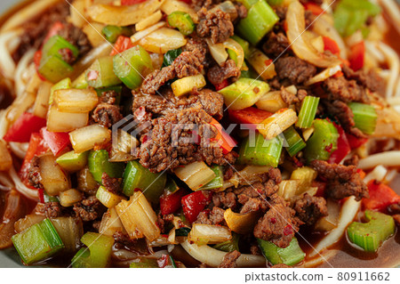 Closeup on uyghur dish suiru lagman noodle texture Closeup on uyghur dish suiru lagman noodle texture 80911662
