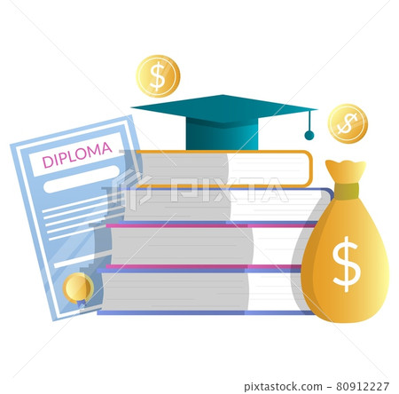 Diploma, money bag, books, academic hat, vector illustration. Education cost. Tuition fee, knowledge value, scholarship. Diploma, money bag, books, academic hat, vector illustration. Education cost. Tuition fee, knowledge value, scholarship. 80912227