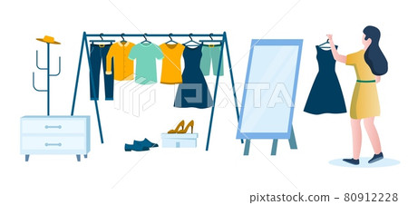 Woman in dressing room, vector illustration. Female cartoon character holding black dress. Girl shopping for clothes. 80912228