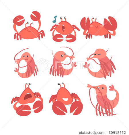 Shrimp and Crab Character as Aquatic Mammal with Smiling Face Vector Set 80912552