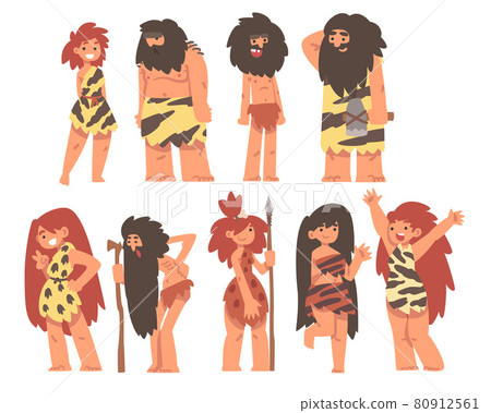 Primitive People Character from Stone Age Wearing Animal Skin Vector Set Primitive People Character from Stone Age Wearing Animal Skin Vector Set 80912561