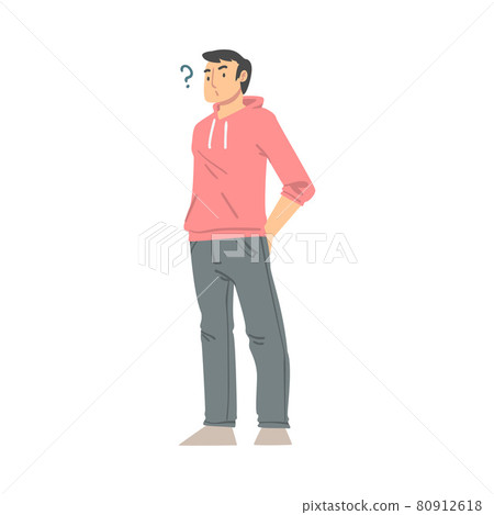 Thoughtful Man Character and Question Mark Thinking Over the Matter Vector Illustration 80912618