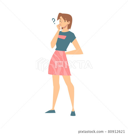 Thoughtful Woman Character and Question Mark Thinking Over the Matter Vector Illustration 80912621