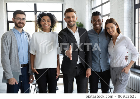 Portrait of smiling diverse businesspeople meet new employee Portrait of smiling diverse businesspeople meet new employee 80912623