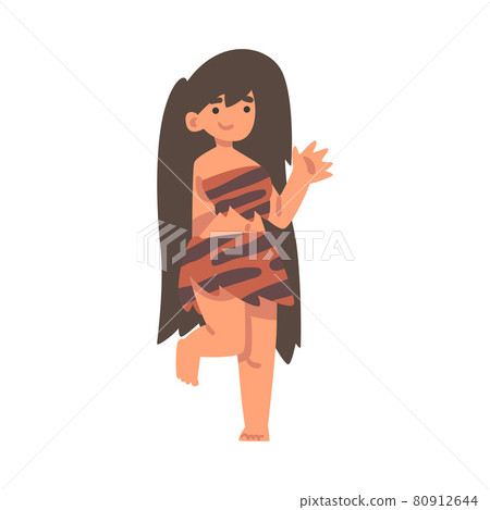 Standing Primitive Woman Character from Stone Age Wearing Animal Skin Waving Hand Vector Illustration 80912644