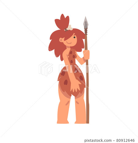 Primitive Woman Character from Stone Age Wearing Animal Skin and Holding Spear Vector Illustration Primitive Woman Character from Stone Age Wearing Animal Skin and Holding Spear Vector Illustration 80912646