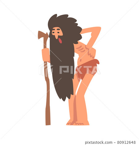 Primitive Old Man Character from Stone Age Wearing Animal Skin Leaning on Cane Having Backache Vector Illustration 80912648